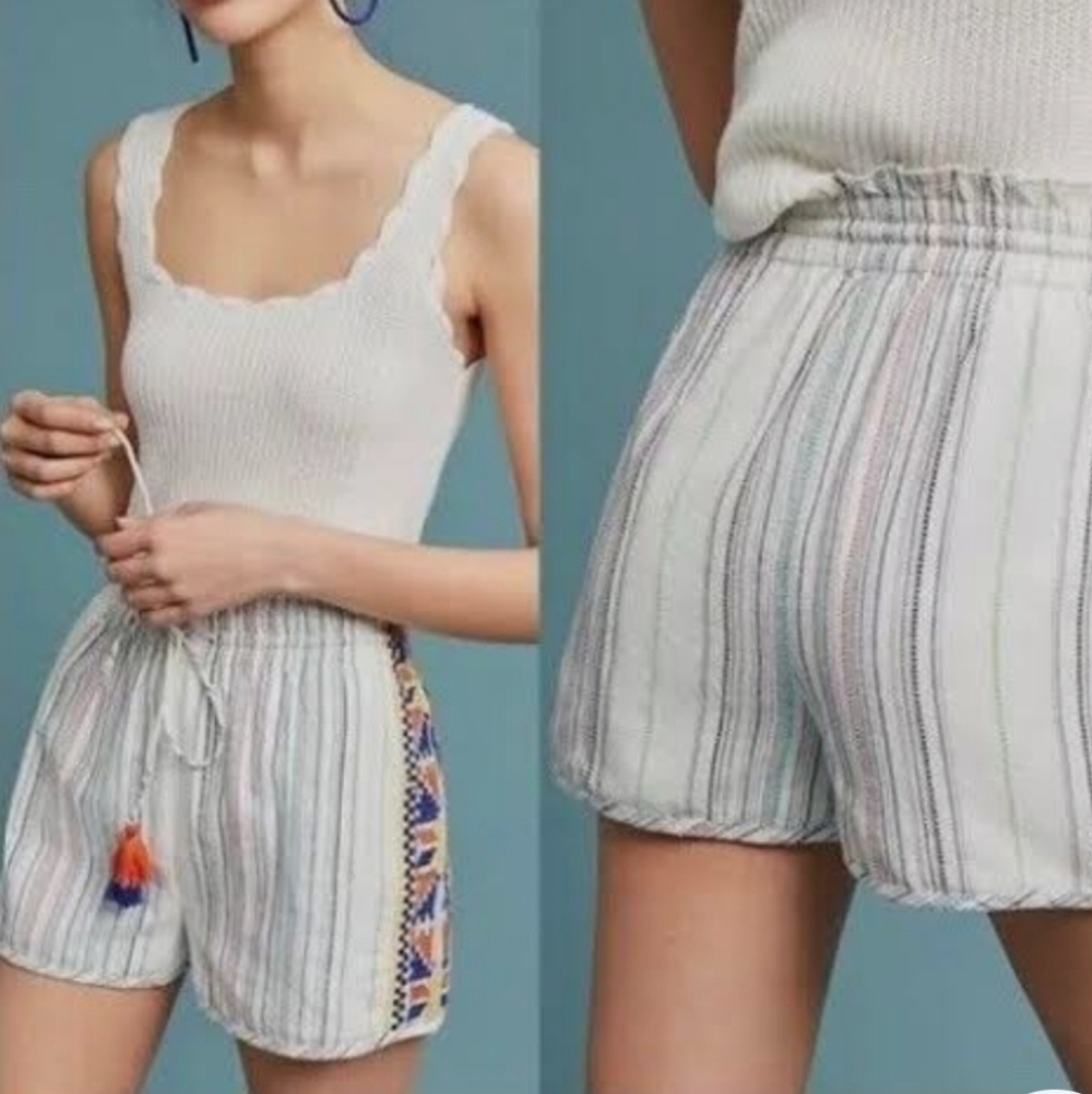Anthropolgie Laia Caspian Striped Embroidred Lined Cotton Shorts S - Picture 2 of 8